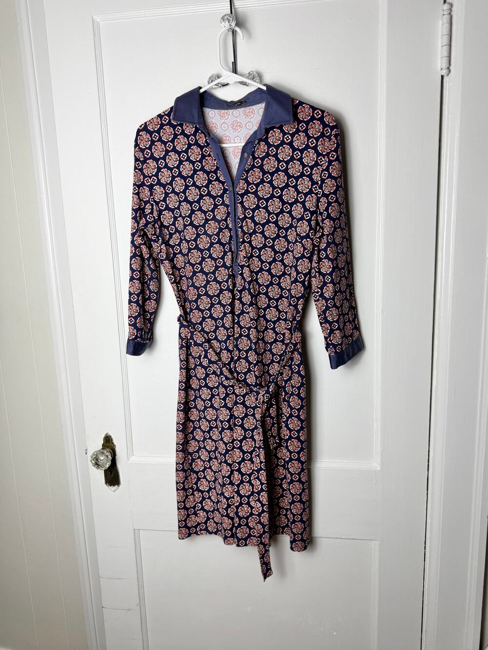 J. McLaughlin Blue Orange Floral Medallion Catalina Cloth Belted Stretch Dress M